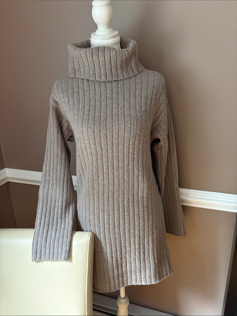 Abercrombie & Fitch Ribbed Turtleneck Sweater Dress in Taupe